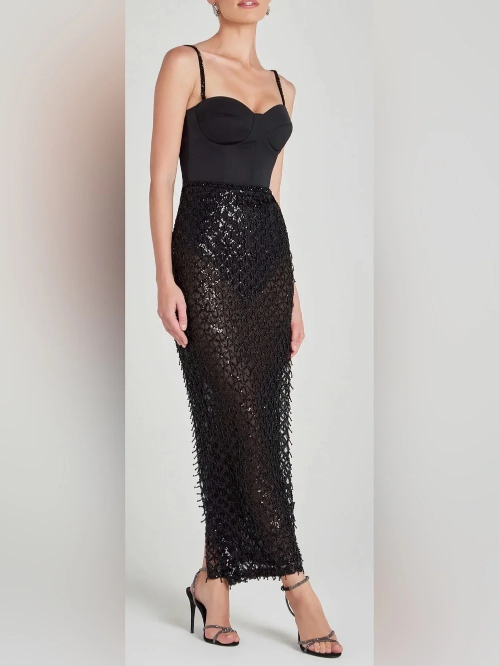 NEW NADINE MERABI Valentina Mixed Media Black Beaded Bustier Gown Sz 2 - Picture 3 of 12